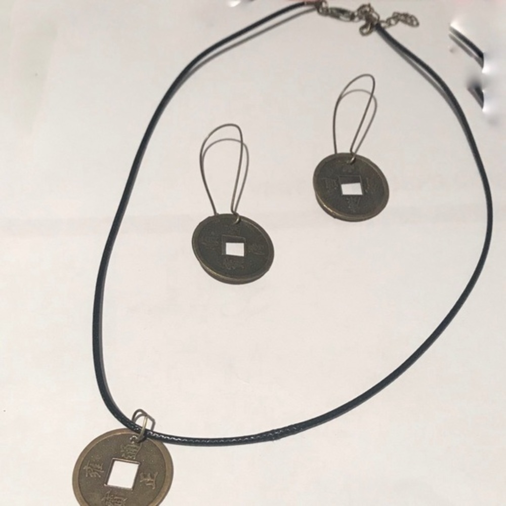 Handmade Chinese brass coin earring necklace black leather cord jewelry set - Picture 4 of 8
